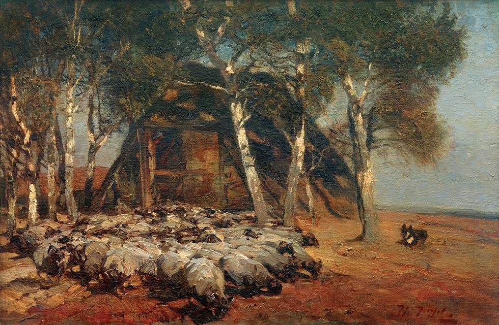 Heinrich von Zügel, Schnuckenherde am Koben (Architektur,Bauernhof,Biologie,Deutsche Kunst,Kunst,Landschaft,Schafzucht,Sezession,Zoologie,Hütte,Impressionismus,Hund,Birke,Baum,Stall,Schaf,Architekturdarstellung,Heide (Landschaft),Tierleben,Hirtenhund,Tier,Schafherde,Herde,Jahrhundertwende,Münchner S)