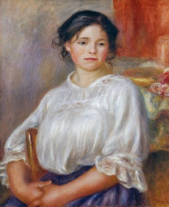 Pierre-Auguste Renoir, Jeune fille assise (Jugend (Lebensalter),Kind,Mädchen,Maler (Künstler),Mode,Volkskunde,Impressionismus,Portrait,Bluse,Französische Kunst,Lächeln,Pubertät,Landbevölkerung,Schwarze Haare,Land Und Leute,Frisur)