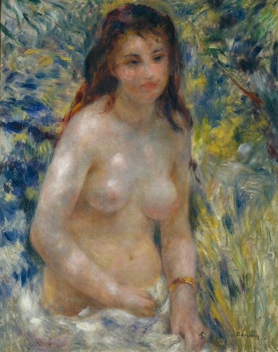 Pierre-Auguste Renoir, Torse de femme au soleil (Erotik,Frau,Jugend (Lebensalter),Mädchen,Maler (Künstler),Wetter,Sonne,Schönheit,Impressionismus,Akt,Busen,Portrait,Französische Kunst,Im Freien (Allgemein),Nacktheit,Halbakt,Kopf,Sonnenschein,Junge Frau)