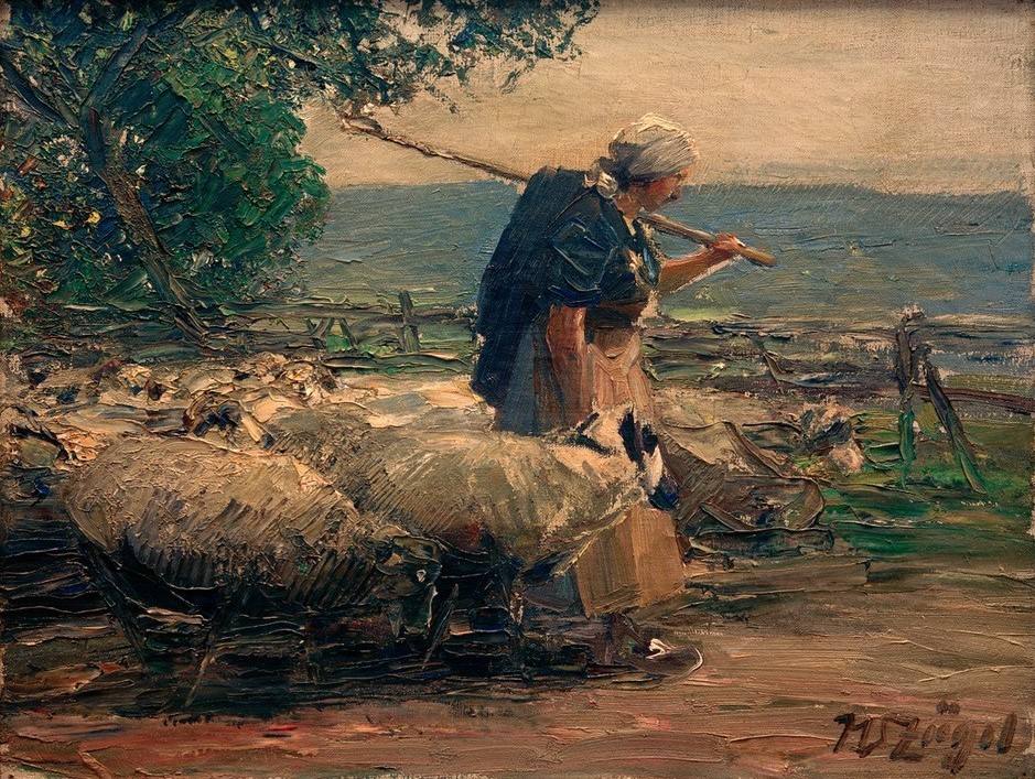 Heinrich von Zügel, Schafhirtin mit Herde (Arbeit,Biologie,Deutsche Kunst,Frau,Kunst,Landschaft,Mensch,Schafzucht,Sezession,Zoologie,Impressionismus,Zaun,Bäuerin,Schaf,Weg,Tierleben,Tragen,Landleben,Frau Und Tier,Frauenleben,Tier,Schafherde,Landbevölkerung,Herde,Jahrhundertwende,Schäferin,Münchner)