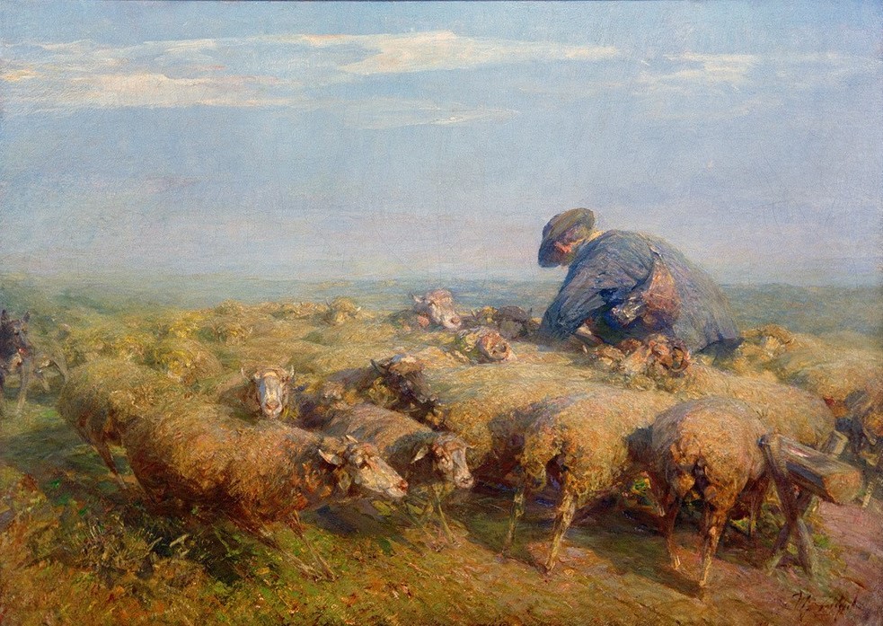 Heinrich von Zügel, Die Schafherde, 1910 (Arbeit,Bauer (Landwirt),Biologie,Deutsche Kunst,Kunst,Landschaft,Mann,Mensch,Schafzucht,Sezession,Weide,Zoologie,Impressionismus,Hirte,Schaf,Rückenfigur,Tierleben,Landleben,Tier,Schafherde,Landbevölkerung,Herde,Vieh,Bücken,Münchner Sezession,Männerleben,N)