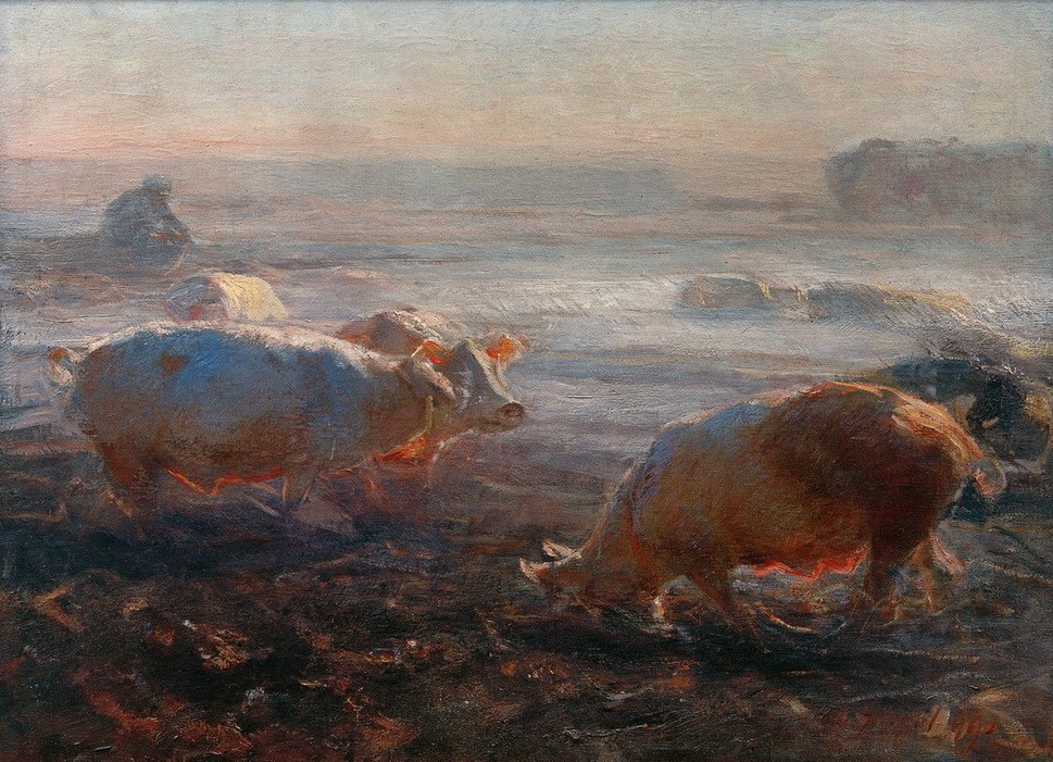 Heinrich von Zügel, Schweine auf dem Stoppelfeld (Bauer (Landwirt),Biologie,Deutsche Kunst,Kunst,Landschaft,Mann,Mensch,Meteorologie,Schwein,Sezession,Wetter,Zoologie,Tageszeiten,Abend,Impressionismus,Hirte,Nebel,Feld,Tierleben,Tierhaltung,Landleben,Schweinezucht,Tier,Landbevölkerung,Herde,Jahrhundertwen)