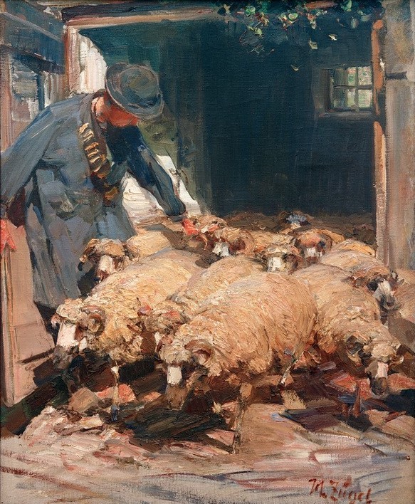 Heinrich von Zügel, Schäfer lässt Schafe aus dem Stall (Arbeit,Bauer (Landwirt),Bauernhof,Biologie,Deutsche Kunst,Kopfbedeckung,Kunst,Mann,Mensch,Schafzucht,Sezession,Tor,Tür,Zoologie,Impressionismus,Hut,Hirte,Stall,Schaf,Tierleben,Tierhaltung,Landleben,Tier,Schafherde,Landbevölkerung,Herde,Vieh,Münchner Sezes)