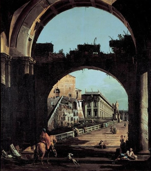 Bernardo Bellotto, Capriccio mit dem Campidoglio in Rom (Rom, Ruine, Torbogen, Architektur, Hügel, Kapitol,  Reiter, Alltagsszene, Capriccio, historisch, Rokoko, Malerei, Wohnzimmer, Wunschgröße, Klassiker, bunt)