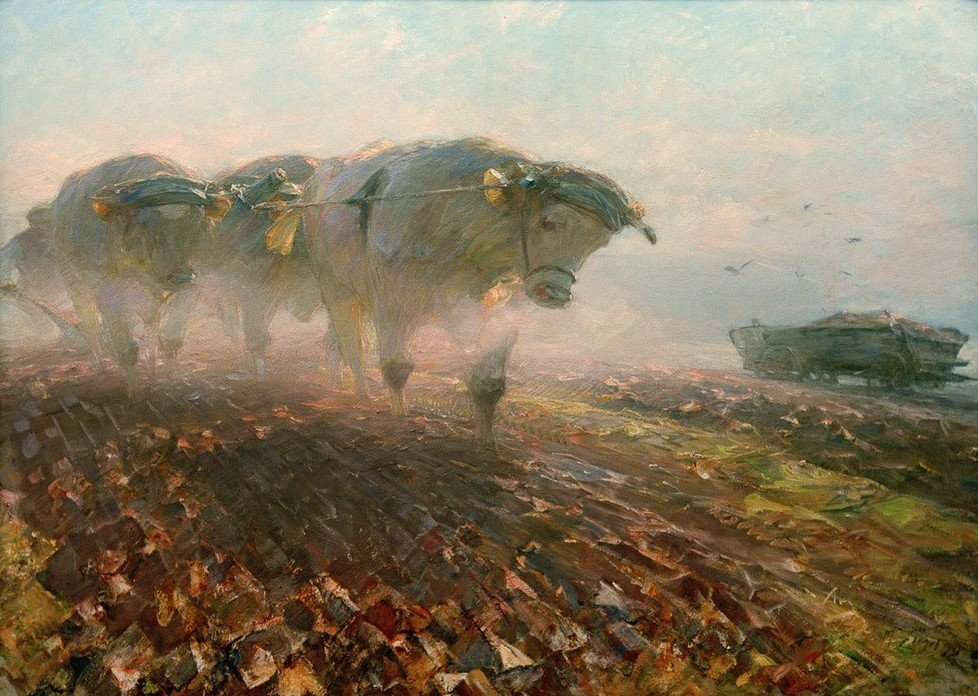 Heinrich von Zügel, Schwere Arbeit (Ackerbau,Arbeit,Bauer (Landwirt),Biologie,Deutsche Kunst,Geräte,Kunst,Landschaft,Mann,Mensch,Meteorologie,Pflug,Rinderzucht,Rind,Sezession,Wagen,Wetter,Zoologie,Tageszeiten,Morgen,Impressionismus,Seil,Nebel,Acker,Feld,Gespann,Tierleben,Landleben,Zugtier,T)