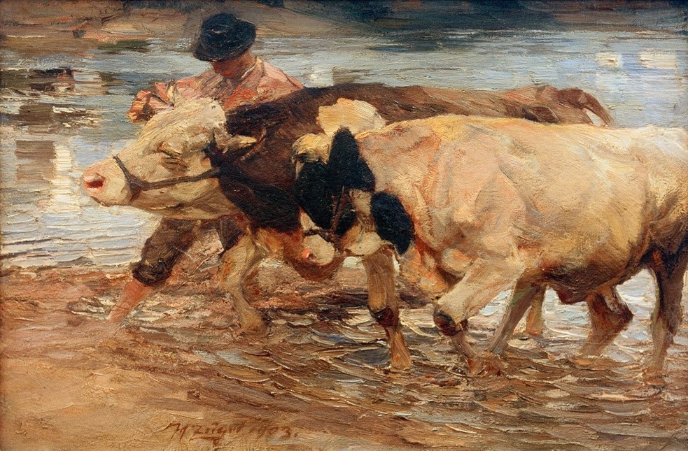 Heinrich von Zügel, Knecht mit Kuh und Ochse (Bauer (Landwirt),Biologie,Deutsche Kunst,Gewässer,Kopfbedeckung,Kunst,Landschaft,Mann,Mensch,Rinderzucht,Rind,Sezession,Wasser,Zoologie,Impressionismus,Hut,Hirte,Tierleben,Landleben,Tier,Landbevölkerung,Ochse,Muttertier,Jungtier,Kalb,Jahrhundertwende,Vieh)