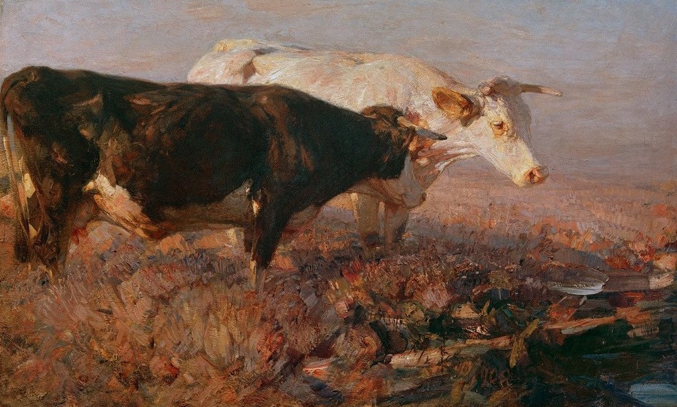 Heinrich von Zügel, Kühe im Moor (Biologie,Deutsche Kunst,Kunst,Landschaft,Rinderzucht,Rind,Sezession,Zoologie,Impressionismus,Moor,Studie,Tierhaltung,Tier,Vieh,Münchner Sezession,Tierstudie,Freilandhaltung,Tierzucht,Nutztier,Landwirtschaft,Viehzucht,Signatur)