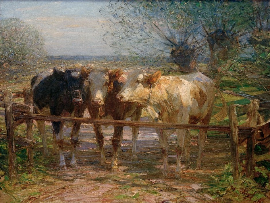 Heinrich von Zügel, Kühe am Gatter (Biologie,Deutsche Kunst,Kunst,Landschaft,Rinderzucht,Rind,Sezession,Zoologie,Impressionismus,Zaun,Baum,Studie,Tierleben,Tierhaltung,Drei,Tier,Vieh,Pferch,Münchner Sezession,Tierstudie,Freilandhaltung,Gatter,Tierzucht,Nutztier,Weide (Baum),Landwirtschaft,V)