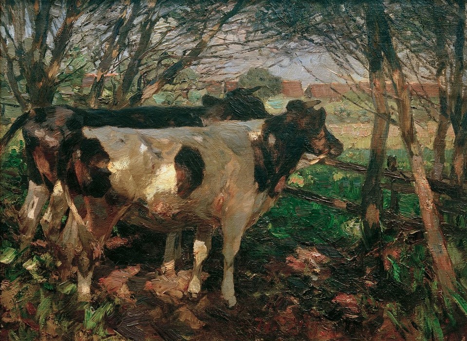 Heinrich von Zügel, Zwei Kühe am Zaun (Biologie,Deutsche Kunst,Haus,Kunst,Landschaft,Rinderzucht,Rind,Sezession,Zoologie,Impressionismus,Zaun,Baum,Wiese,Studie,Tierleben,Tierhaltung,Tier,Licht Und Schatten,Vieh,Pferch,Münchner Sezession,Tierstudie,Freilandhaltung,Gatter,Tierzucht,Nutztier,Land)