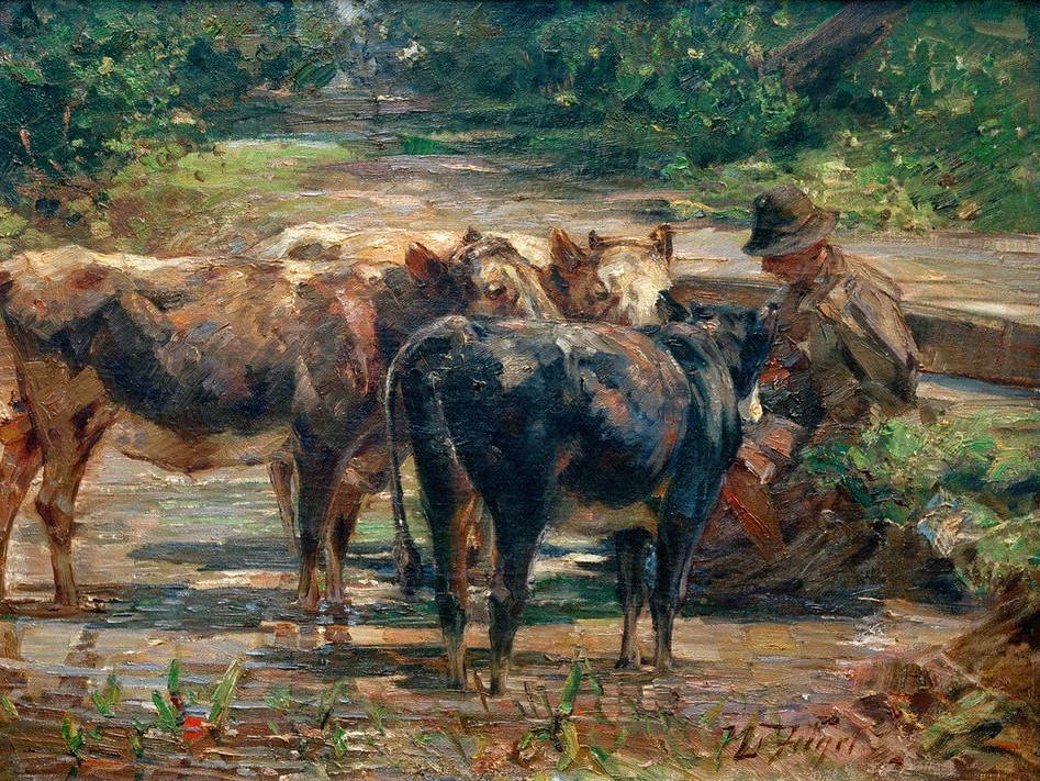 Heinrich von Zügel, Hirte mit Kälbern (Bauer (Landwirt),Biologie,Deutsche Kunst,Gewässer,Kopfbedeckung,Kunst,Landschaft,Mann,Mensch,Rinderzucht,Rind,Sezession,Wasser,Zoologie,Impressionismus,Hut,Hirte,Tränke,Tierleben,Landleben,Tier,Landbevölkerung,Sitzen,Jungtier,Kalb,Vieh,Tränken,Münchner Se)