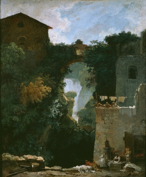 Jean-Honoré Fragonard, Wasserfälle bei Tivoli (Landschaft, Italien, Wasserfall, Wassserspiele, Waschen, Wäscherinnen, Sommer, Idylle, Treppenhaus, Wohnzimmer, Rokoko, Klassiker, Wunschgröße, Malerei, bunt)