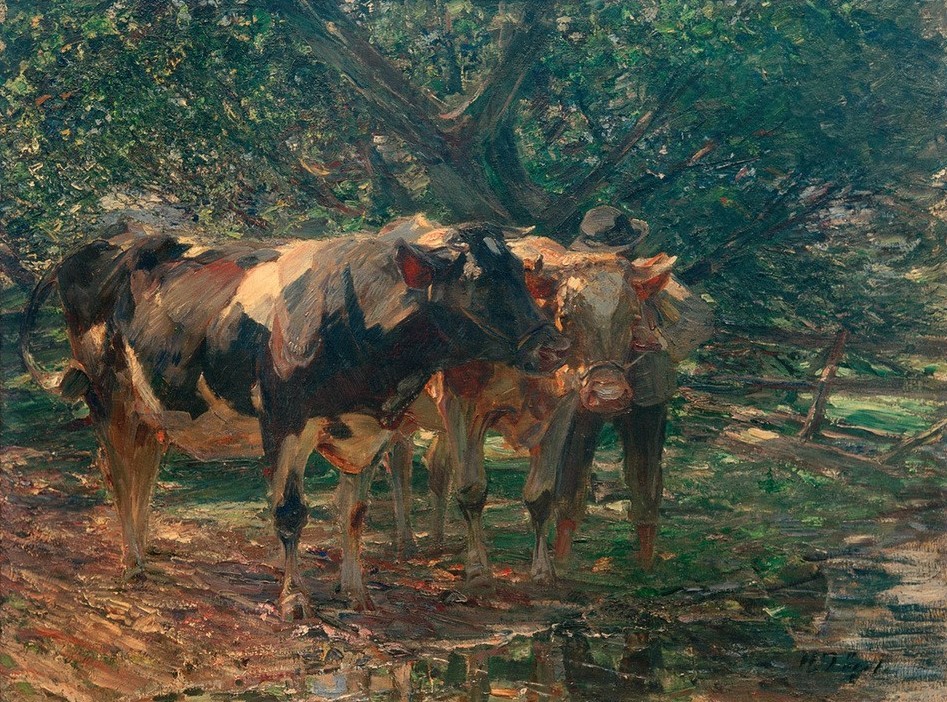 Heinrich von Zügel, Schwarz- und Rotscheck (Bauer (Landwirt),Biologie,Deutsche Kunst,Gewässer,Kopfbedeckung,Kunst,Landschaft,Mann,Mensch,Rinderzucht,Rind,Sezession,Wasser,Zoologie,Impressionismus,Hut,Hirte,Zaun,Baum,Tränke,Tierleben,Ufer,Landleben,Tier,Landbevölkerung,Vieh,Tränken,Münchner Sezessio)