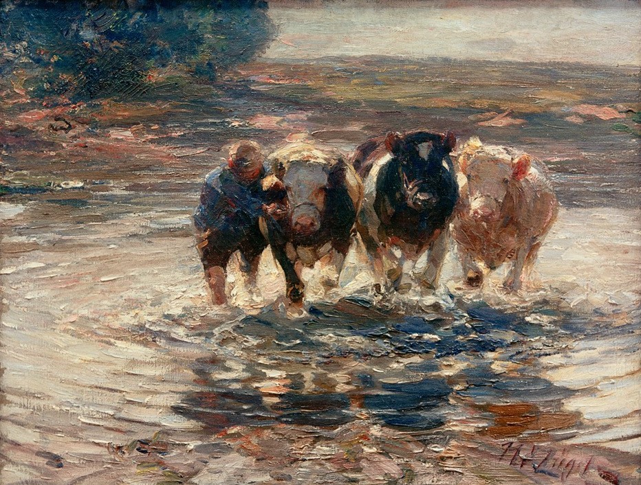 Heinrich von Zügel, Durch die Furt (Arbeit,Bauer (Landwirt),Biologie,Deutsche Kunst,Gewässer,Kunst,Landschaft,Mann,Mensch,Rinderzucht,Rind,Sezession,Szene,Wasser,Zoologie,Impressionismus,Hirte,Fluss,Flussüberquerung,Viehtrieb,Furt,Tierleben,Landleben,Tier,Landbevölkerung,Vieh,Münchner Sezes)
