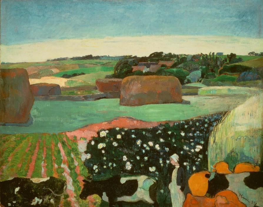 Paul Gauguin, Bretonische Landschaft mit Heuhaufen (Landschaft,Rind,Volkskunde,Bäuerin,Französische Kunst,Feld,Heuschober,Getreidefeld,Nabis,Land Und Leute,Landwirtschaft,Viehzucht)