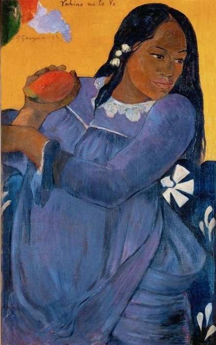 Paul Gauguin, Vahine no te Vi (Botanik,Frau,Früchte,Mode,Völkerkunde,Schönheit,Portrait,Französische Kunst,Fruchtbarkeit,Lächeln,Kleid,Synästhesie,Exotik,Kleidung (Allgemein),Blau,Schwarze Haare,Junge Frau,Tropen,Mango,Ureinwohnerin,Synthetismus,Heiterkeit,Schule Von Pont-Aven,Land Und)