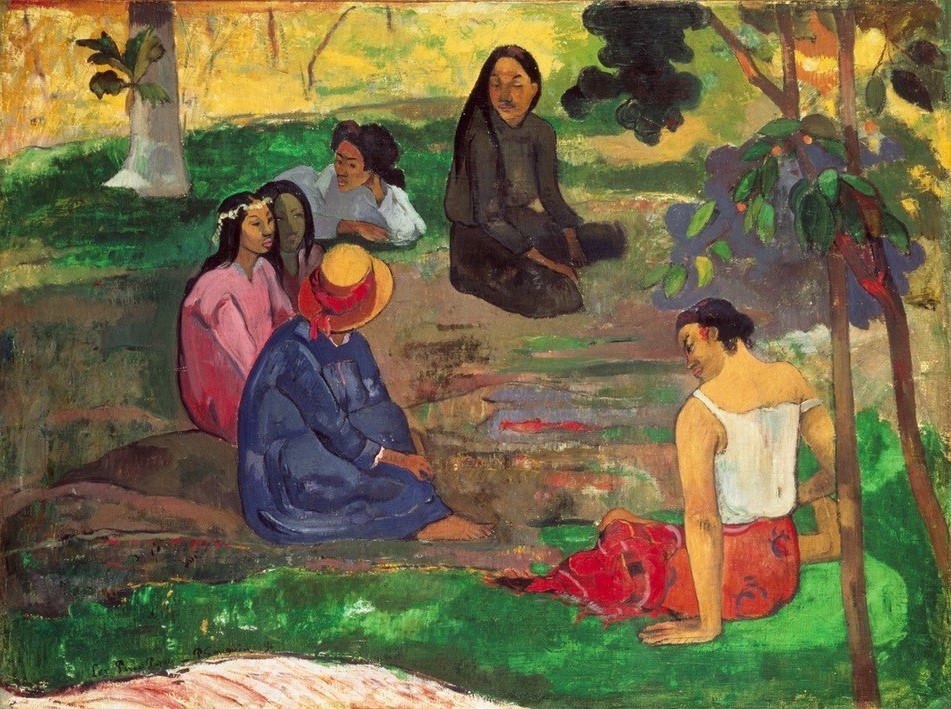 Paul Gauguin, Les Parau Parau (Landschaft,Völkerkunde,Hut,Strohhut,Französische Kunst,Sonnenhut,Exotik,Multikulturelle Gesellschaft,Kommunikation,Kulturaustausch,Entspannung,Land Und Leute,Unterhaltung (Gespräch))
