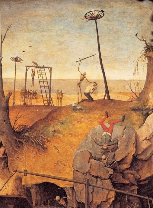 Pieter Brueghel der Ältere, Triumph des Todes (Tod, Mord, Enthauptung, Hinrichtung, Tod, Skelette, Allegorie, Vanitas, Vergänglichkeit, Galgen, Apokalypse, Detail,  Renaissance, Klassiker, Malerei, Wunschgröße, Wohnzimmer, bunt)