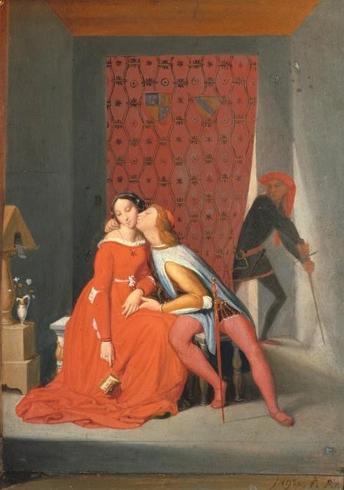 JEAN-AUGUSTE-DOMINIQUE INGRES, Paolo und Francesca, von Gianciotto überrascht (Eifersucht,Geschichte,Liebespaar,Literatur,Mörder,Klassizismus,Kuss,Ehebruch,Überraschung,Französische Kunst,Bruderzwist,Heimliche Liebe,Gehörnter Ehemann)