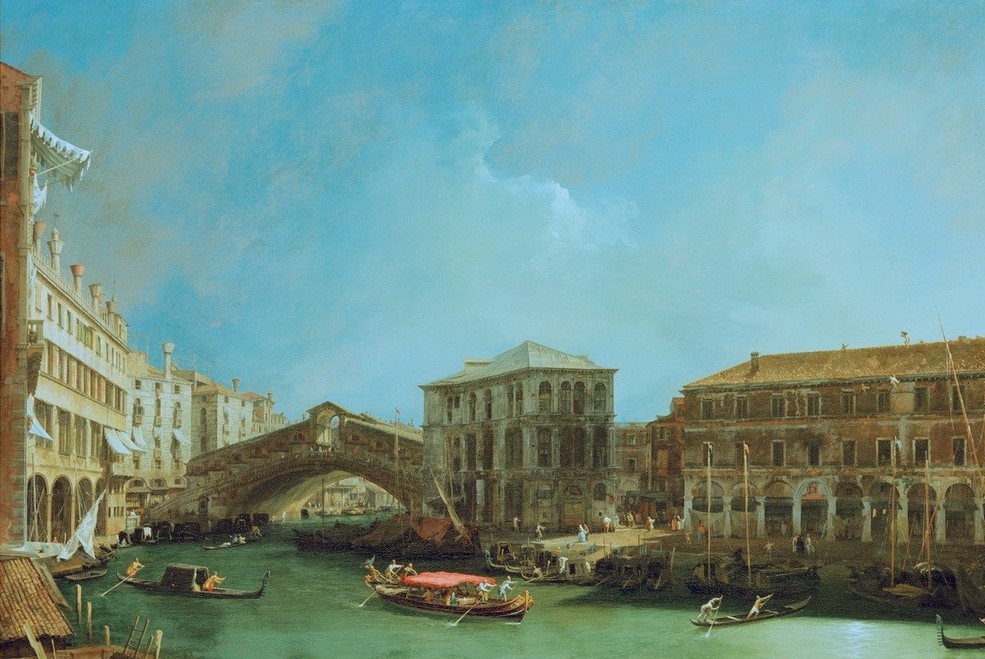 Giovanni Antonio Canaletto, Die Rialto-Brücke von Norden (Rialto-Brücke, Venedig, Städte, Italien, Canal Grande, Boote, Paläste, Architektur, Barock, Vedute, Klassiker, Wunschgröße, Wohnzimmer)