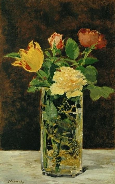 Edouard Manet, Roses et tulipes (Botanik,Rose,Tulpe,Impressionismus,Stillleben,Blumenstrauss,Vase,Französische Kunst,Gefäss,Blume,Blumentopf,Glasvase)