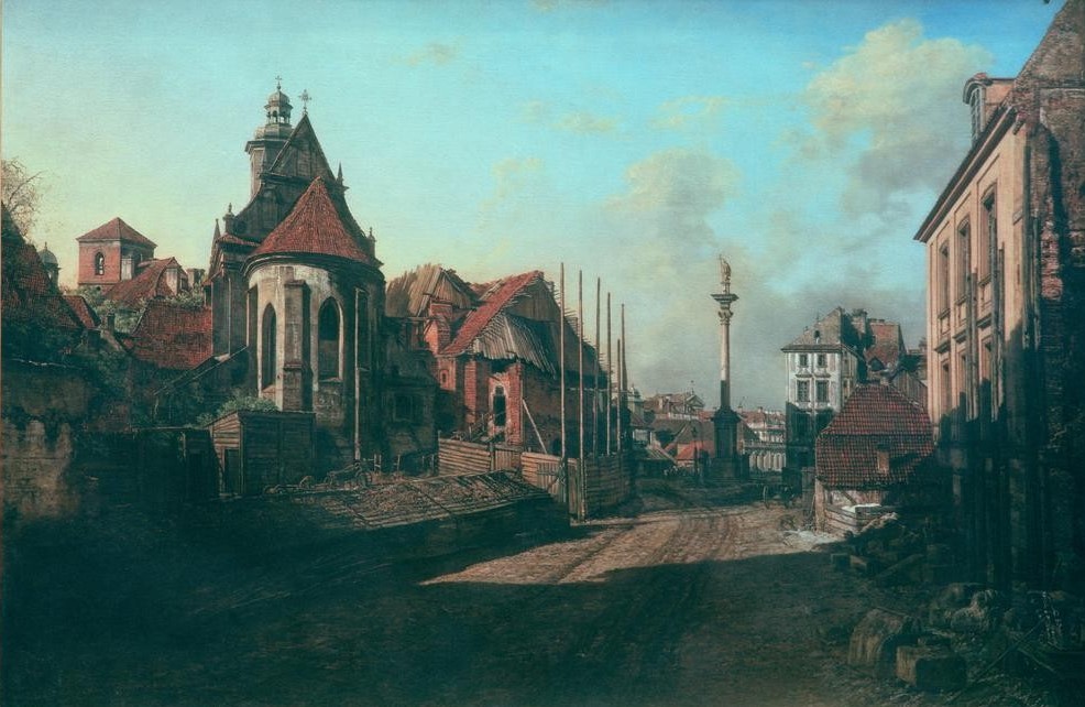 Bernardo Bellotto, Warschau, Ansicht der Bernhardinerinnenkirche und der Säule (Städte, Polen, Straße, Architektur, Kirche, Säule, Denkmal, Vedute, Stadtansicht, historisch, Rokoko, Malerei, Wohnzimmer, Wunschgröße, Klassiker, bunt)