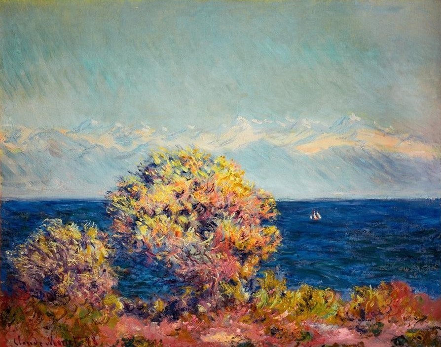 Claude Monet, Au Cap d’Antibes par vent de mistral (Elemente,Gebirge,Küste,Landschaft,Meteorologie,Meer,Impressionismus,Schnee,Wind,Französische Kunst,Mistral,Harmonie,Sturm)