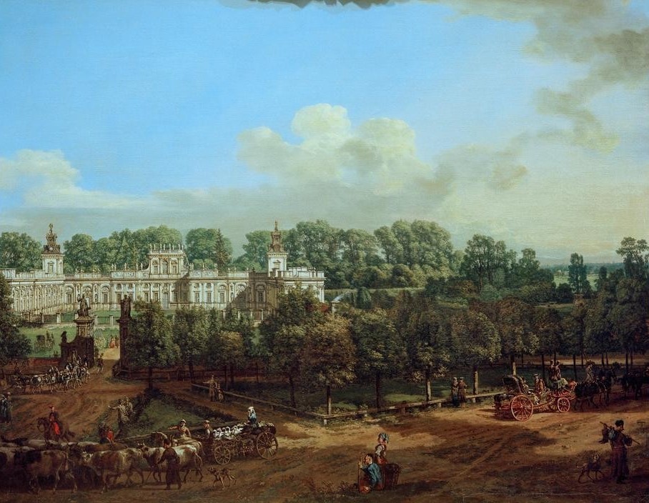 Bernardo Bellotto, Schloß Wilanów, Ehrenhofseite (Warschau, Polen, Schloss, Versailles des Ostens, Rinderherde, Architektur, Vedute,  historisch, Rokoko, Malerei, Wohnzimmer, Wunschgröße, Klassiker, bunt)