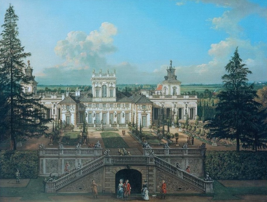 Bernardo Bellotto, Schloß Wilanów, Gartenseite (Warschau, Polen, Schloss, Versailles des Ostens, Schlosspark, Architektur, Vedute,  historisch, Rokoko, Malerei, Wohnzimmer, Wunschgröße, Klassiker, bunt)