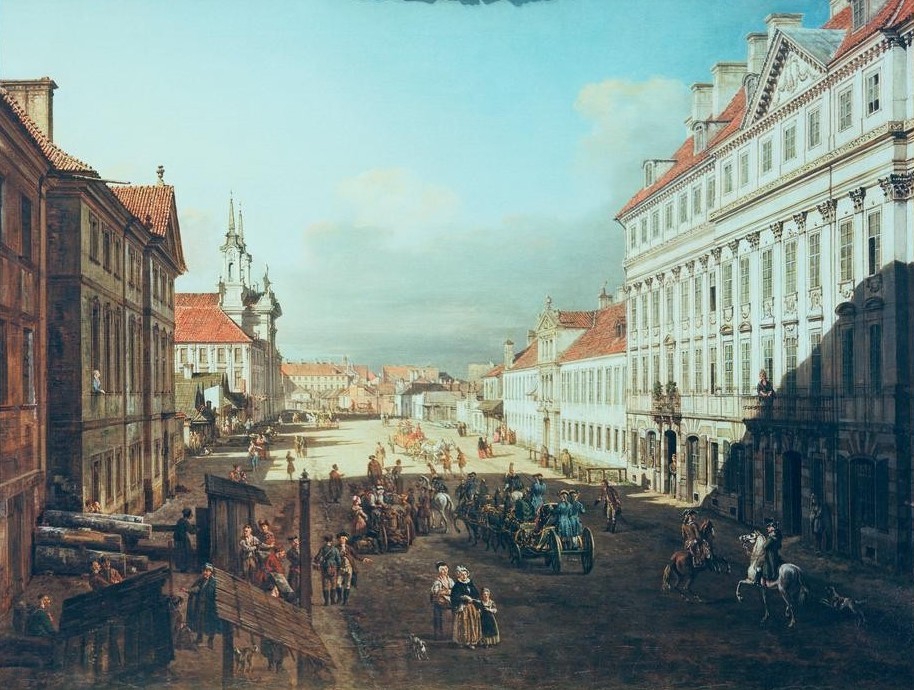 Bernardo Bellotto, Warschau, Dluga-Straße (Städte, Polen, Straße, Architektur, Häuser, Alltagsszene, Kutschen, Menschen,  Vedute, historisch, Rokoko, Malerei, Wohnzimmer, Wunschgröße, Klassiker, bunt)