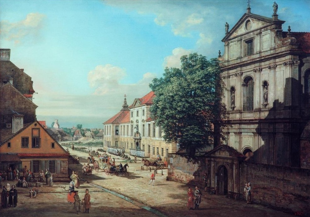 Bernardo Bellotto, Warschau, Brigittinnenkirche und Arsenal (Städte, Polen, Straße, Architektur, Häuser, Kirche, Alltagsszene, Kutsche, Menschen,  Vedute, historisch, Rokoko, Malerei, Wohnzimmer, Wunschgröße, Klassiker, bunt)