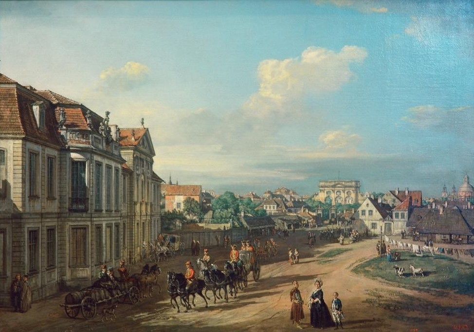 Bernardo Bellotto, Warschau, Palais Lubomirski mit dem Eisernen Tor (Städte, Polen, Straße, Architektur, Torbogen, Häuser, Palast, Alltagsszene, Kutschen, Reiter, Menschen, Vedute, historisch, Rokoko, Malerei, Wohnzimmer, Wunschgröße, Klassiker, bunt)