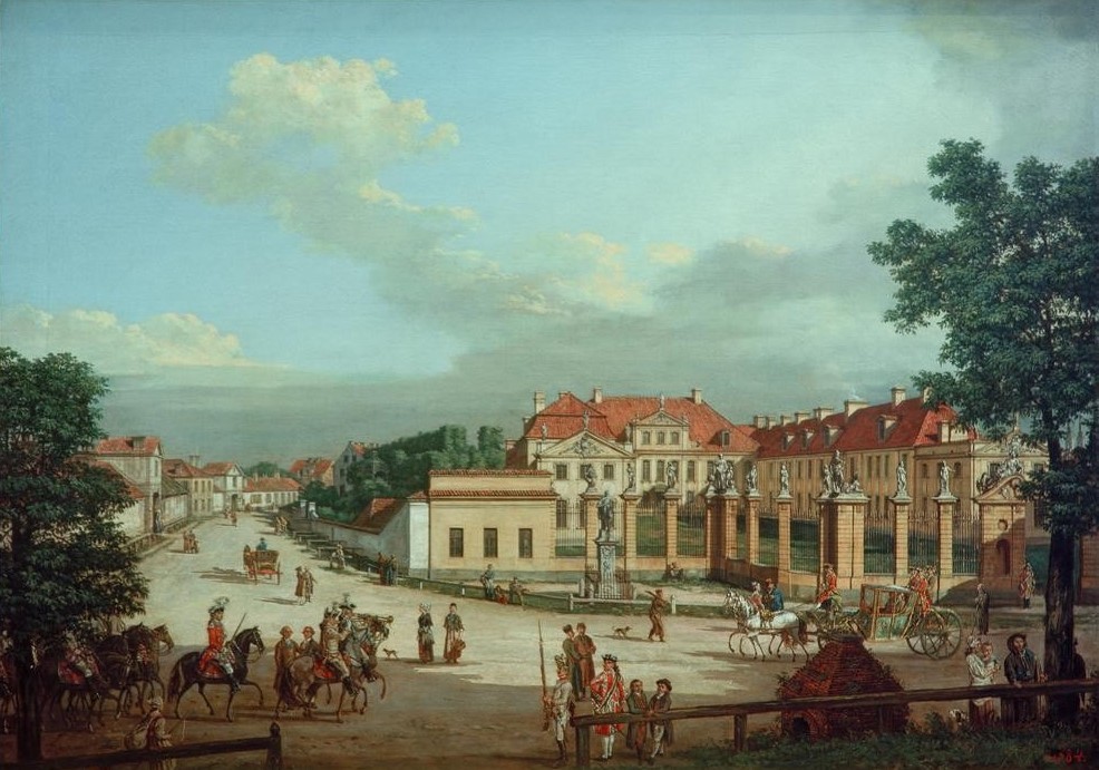 Bernardo Bellotto, Warschau, Palais Mniszech (Städte, Polen, Straße, Architektur, Häuser, Reiter, Alltagsszene, Kutschen, Menschen,  Vedute, historisch, Rokoko, Malerei, Wohnzimmer, Wunschgröße, Klassiker, bunt)