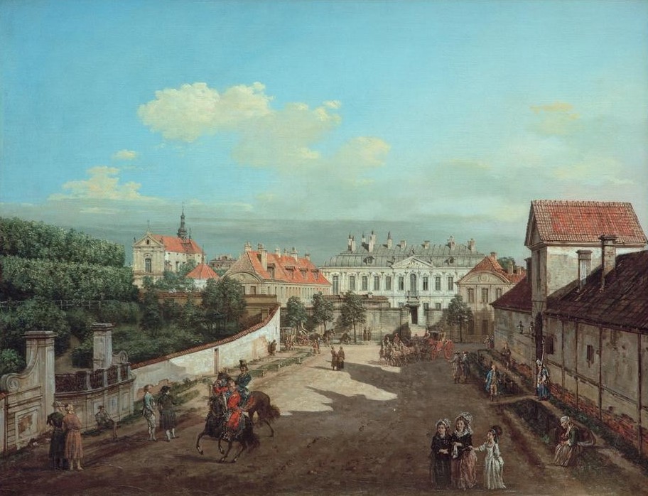 Bernardo Bellotto, Warschau, Blaues Palais (Städte, Polen, Straße, Architektur, Häuser, Palast, Alltagsszene, Kutschen, Menschen, Vedute, historisch, Rokoko, Malerei, Wohnzimmer, Wunschgröße, Klassiker, bunt)