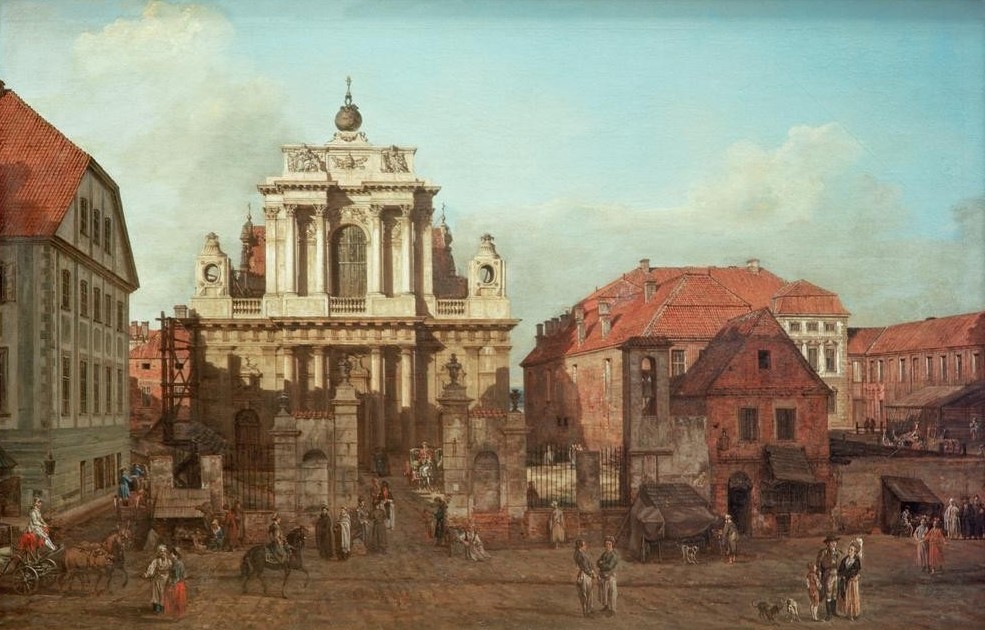 Bernardo Bellotto, Warschau, Karmeliterkirche (Städte, Polen, Platz, Kirche, Architektur, Häuser, Alltagsszene, Kutschen, Menschen,  Vedute, historisch, Rokoko, Malerei, Wohnzimmer, Wunschgröße, Klassiker, bunt)