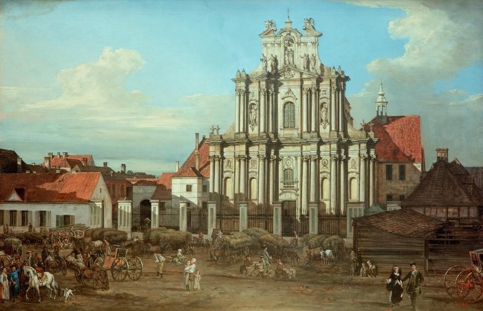 Bernardo Bellotto, Warschau, Visitantinnenkirche (Städte, Polen, Paltz, Kirche, Markt, Markttreiben, Heumarkt, Architektur, Häuser, Alltagsszene, Kutschen, Menschen,  Vedute, historisch, Rokoko, Malerei, Wohnzimmer, Wunschgröße, Klassiker, bunt)
