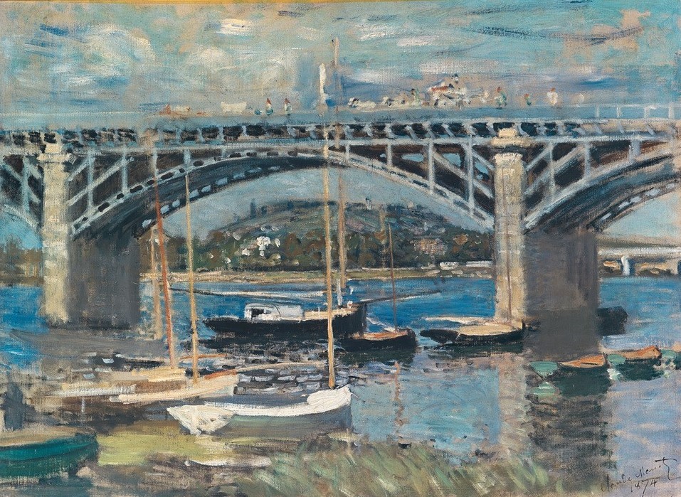 Claude Monet, Le Pont d’Argenteuil (Architektur,Brücke,Eisenbahnbrücke,Landschaft,Impressionismus,Segelboot,Fluss,Französische Kunst,Mast,Schifffahrt)