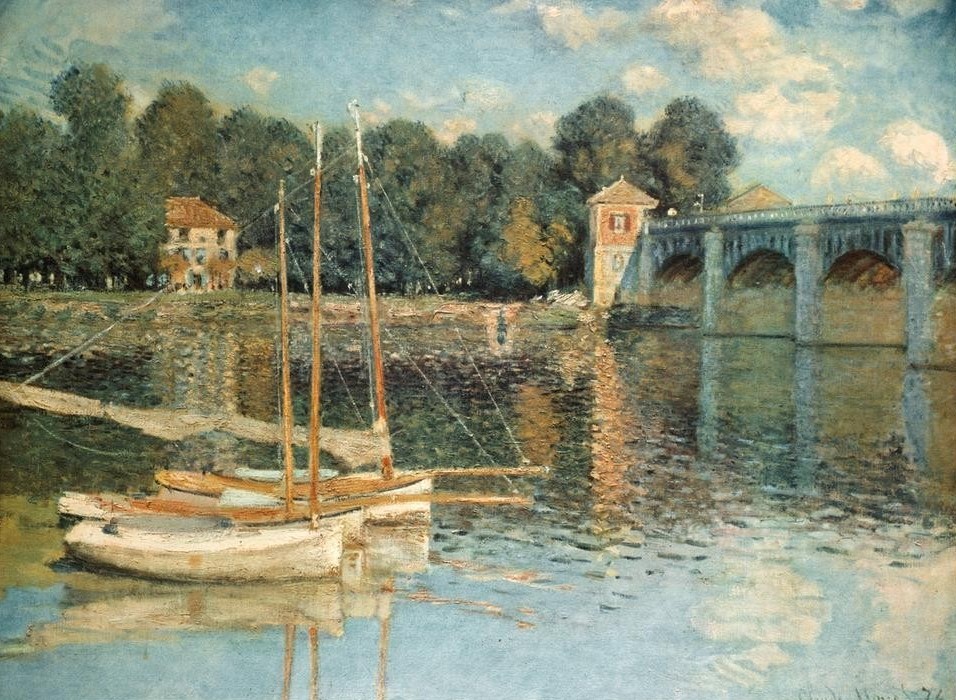Claude Monet, Le Pont d’Argenteuil (Architektur,Brücke,Landschaft,Impressionismus,Segelboot,Fluss,Spiegelung,Französische Kunst,Mast,Schifffahrt)