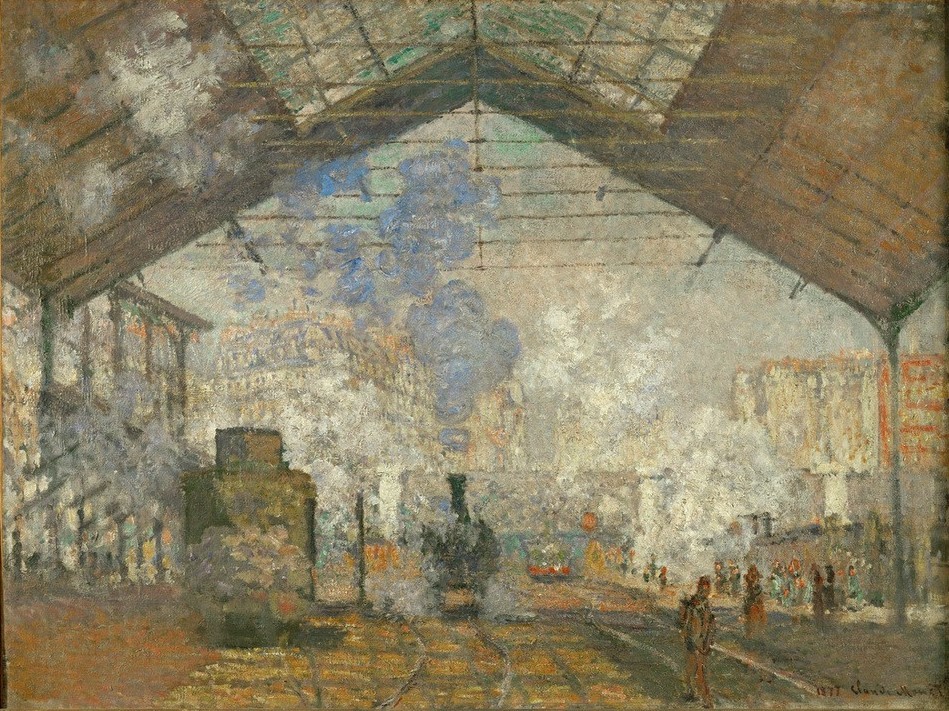 Claude Monet, La Gare Saint-Lazare (Bahnhof,Architektur,Eisenbahn,Geographie,Industrie,Transport,Verkehr,Impressionismus,Grossstadt,Französische Kunst,Dachkonstruktion,Rauch,Topographie,Dampf)