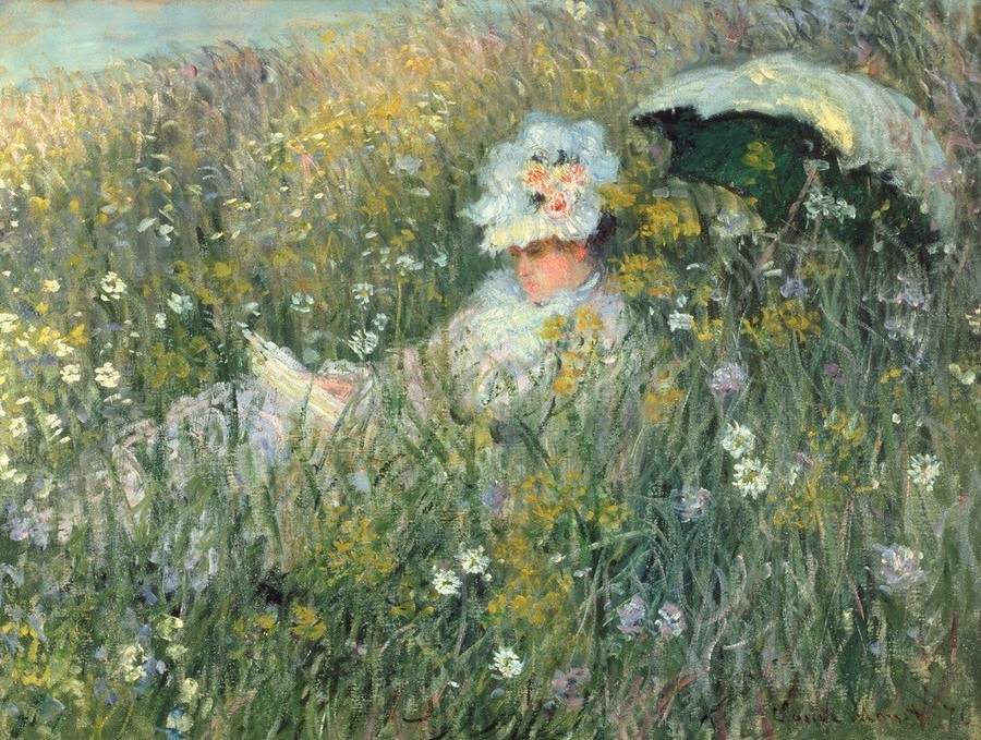 Claude Monet, Dans la Prairie (Frau,Rast,Freizeit,Impressionismus,Lesen (Allgemein),Wiese,Sonnenschirm,Französische Kunst,Frauenleben,Blume,Sonnenschein,Rekordpreis)