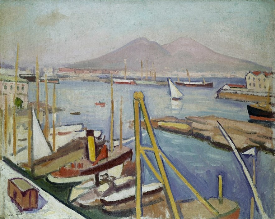 Albert Marquet, Neapel (Boot,Hafen,Landschaft,Vulkan,Meer,Impressionismus,Segelboot,Fauves,Vedute,Französische Kunst,Jahrhundertwende,Bootsanlegestelle,Schifffahrt)
