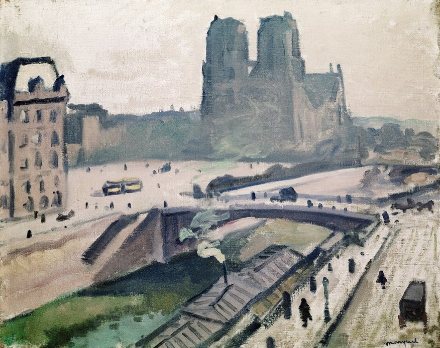 Albert Marquet, Notre Dame (Brücke,Jahreszeiten,Kirche,Winter,Impressionismus,Schnee,Fluss,Fauves,Vedute,Architekturdarstellung,Französische Kunst,Uferstrasse,Jahrhundertwende,Menschenleere)