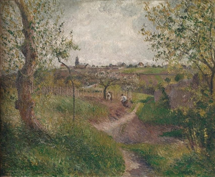Camille Pissarro, Chemin montant a travers champs. Cote des Grouettes. Pontoi (Landschaft,Impressionismus,Wiese,Schule Von Barbizon,Feldweg,Französische Kunst,Landwirtschaft)