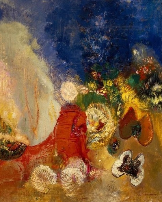 Odilon Redon, Die rote Sphinx (Mythologie,Sphinx,Symbolismus,Fabelwesen,Französische Kunst,Rot,Griechisch-Römische Mythologie)