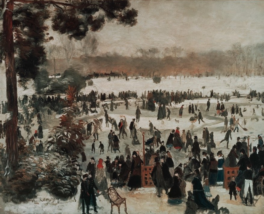 Pierre-Auguste Renoir, Le patinage a Longchamps (Eislauf,Garten Und Park,Jahreszeiten,Menschen Im Park,Freizeit,Winter,Wintersport,Impressionismus,Französische Kunst,Stadtleben)