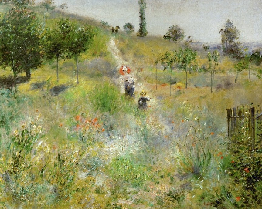 Pierre-Auguste Renoir, Chemin montant dans les hautes herbes (Ausflug,Jahreszeiten,Landschaft,Freizeit,Sommer,Spaziergang,Urlaub,Impressionismus,Baum,Wiese,Feldweg,Französische Kunst,Blume)