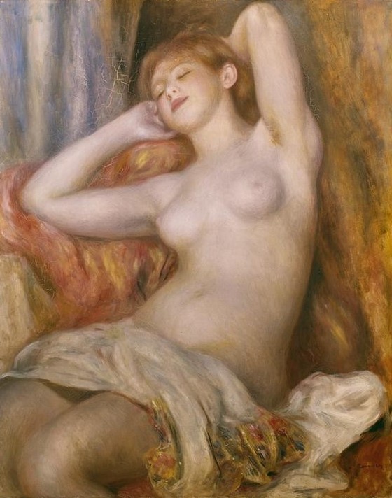 Pierre-Auguste Renoir, La Dormeuse (Erotik,Frau,Maler (Künstler),Textil,Schönheit,Impressionismus,Akt,Busen,Französische Kunst,Lächeln,Jahrhundertwende,Junge Frau,Schlafen (Schlaf))
