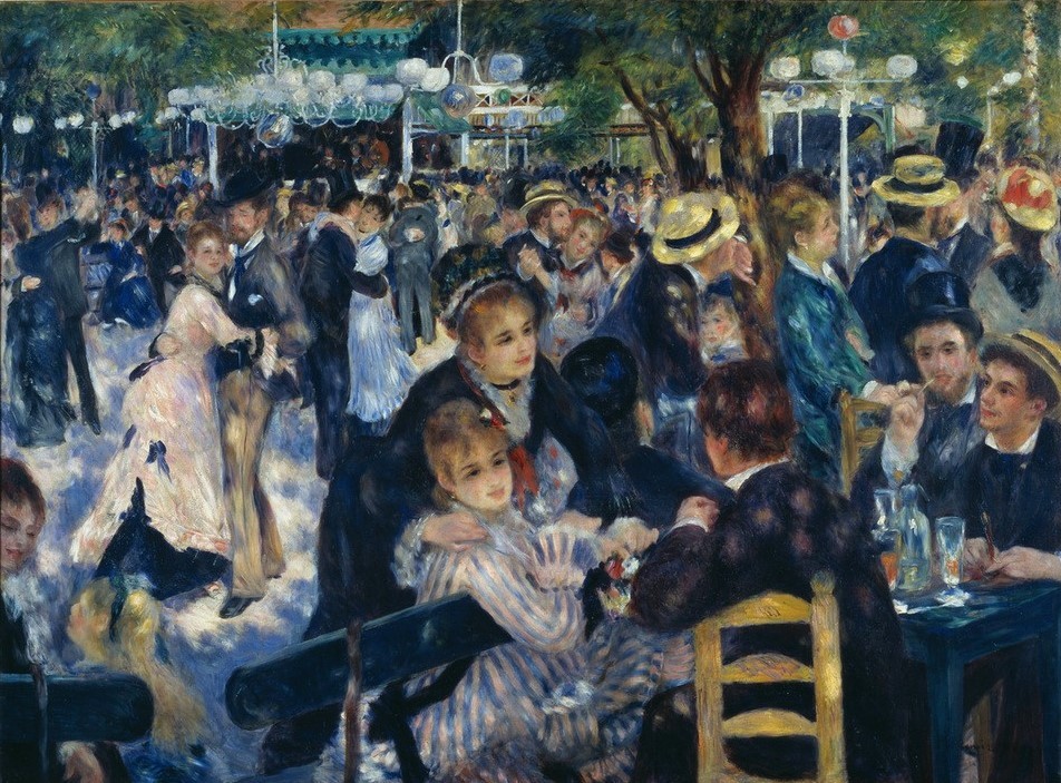 Pierre-Auguste Renoir, Le Moulin de la Galette (Damenmode,Gartenwirtschaft,Gastronomie,Gesellschaft,Herrenmode,Kunst,Licht Und Beleuchtung,Maler (Künstler),Nachtleben,Freizeit,Tanz,Impressionismus,Hut,Tanzlokal,Lampe,Französische Kunst,Menschenmenge,Kleid,Belle Epoque,Kommunikation,Streifen,Stadtleben,)