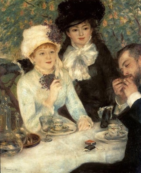 Pierre-Auguste Renoir, La fin du déjeuner (Damenhut,Damenmode,Essgeschirr,Essen Und Trinken,Gastronomie,Gesellschaftliches Leben,Glas,Herrenmode,Jugend (Lebensalter),Kaffee,Maler (Künstler),Mode,Ring,Schmuck,Streichholz,Tafelsitten,Zigarette,Impressionismus,Hut,Rauchen,Hahn Im Korb,Bürgertum,Franz)