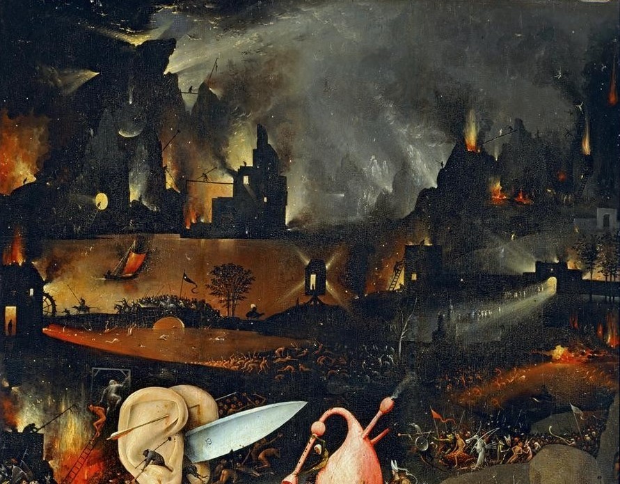 Hieronymus Bosch, Die Hölle (Dudelsack,Elemente,Feuer,Kunst,Landschaft,Religion,Teufel Und Hölle,Vulkan,Nacht,Messer,Teufel,Phantastische Kunst,Niederländische Kunst,Ohr,Sexualsymbol,Jenseitsvorstellungen,Seitenflügel (Altar),Unterwelt,Ausschnitt)