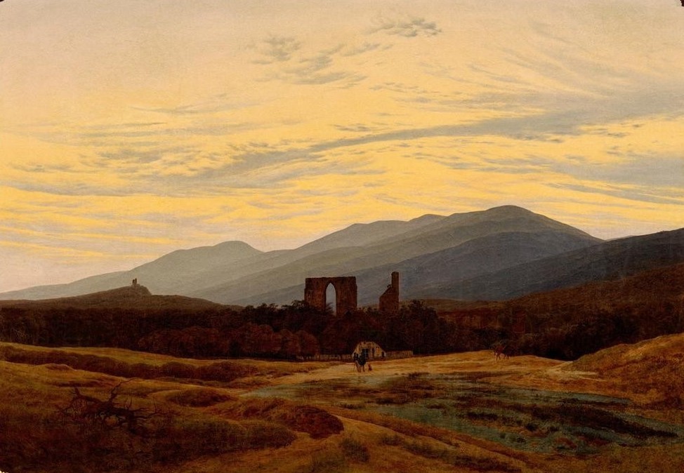 Caspar David Friedrich, Ruine im Riesengebirge (Architektur,Deutsche Kunst,Gebirge,Himmel (Natur),Kunst,Landschaft,Ruine,Sonnenuntergang,Tageszeiten,Abend,Architekturdarstellung,Romantik,Abendrot)